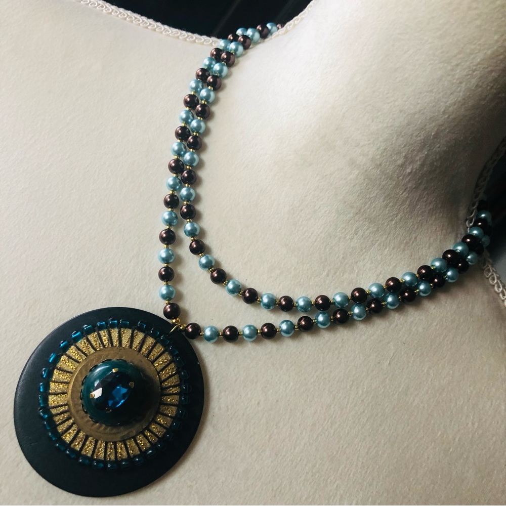Handcrafted repurpose amulet pendant Czech glass Pearl necklace
